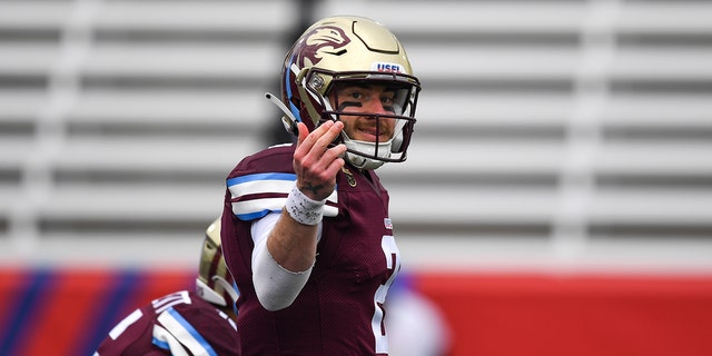 Michigan quarterback Shea Patterson (2), signals to teammates during the USFL game between the Houston Gamblers and the Michigan Panthers on April 17, 2022 at Protective Stadium in Birmingham, AL.