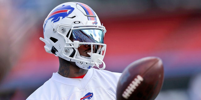 Buffalo Bills wide receiver Stefon Diggs tosses a ball during NFL football practice in Orchard Park, N.Y. on July 31, 2021.