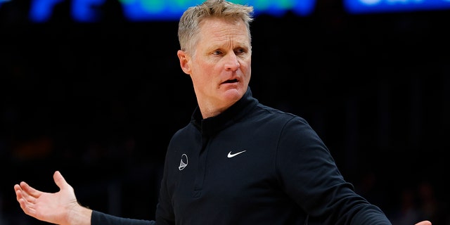 Head Coach Steve Kerr of the Golden State Warriors reacts during the first half against the Atlanta Hawks at State Farm Arena on March 25, 2022 in Atlanta, Georgia.