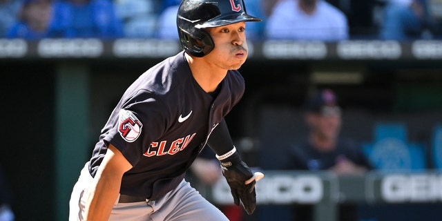 Cleveland Guardians' Steven Kwan hits a three-RBI triple during the eighth inning of a baseball game against the Kansas City Royals, Monday, April 11, 2022 in Kansas City, Mo.