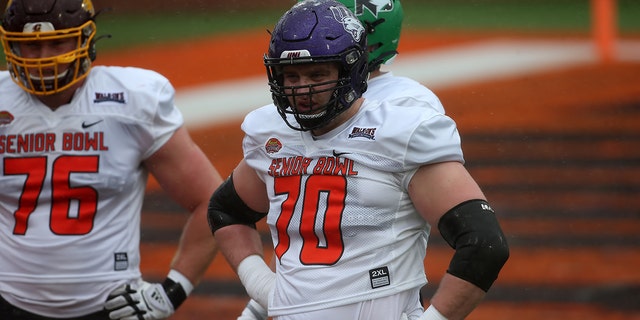 National offensive lineman Trevor Penning of Northern Iowa (70) during the Reese's Senior Bowl practice session on February 2, 2002 at Hancock Whitney Stadium in Mobile, Alabama.