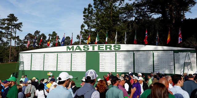 A general view of the leader board next to the first fairway during a practice round prior to the Masters at Augusta National Golf Club April 4, 2022, in Augusta, Ga.
