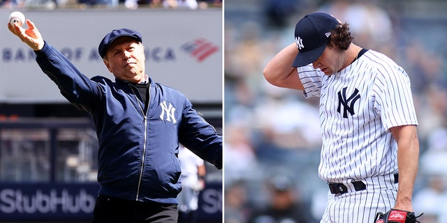 Actor Billy Crystal throws out the first pitch prior to the start of the game between the New York Yankees and the Boston Red Sox at Yankee Stadium on April 8, 2022, in New York City.