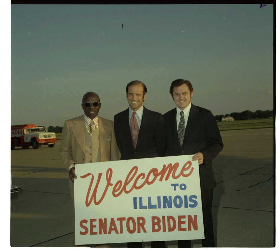 U.S. Senator Joe Biden at Springfield Capital Airport with State Senators Charles Chew (L) and...
