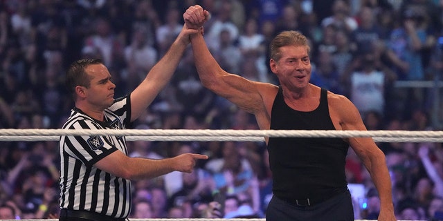 WWE owner Vince McMahon celebrates during WrestleMania at AT&amp;T Stadium in Arlington, Texas, on Apr 3, 2022.