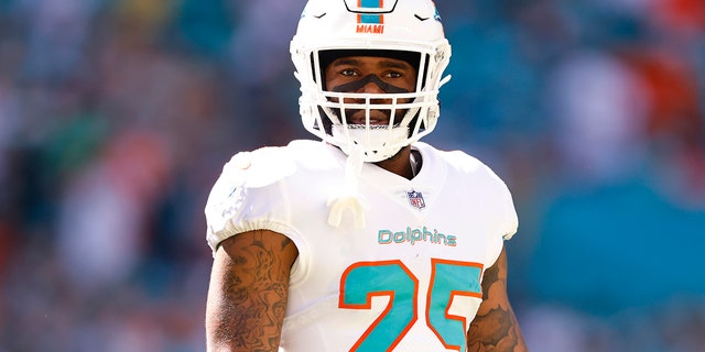 Xavien Howard #25 of the Miami Dolphins looks on against the Houston Texans at Hard Rock Stadium on November 07, 2021 in Miami Gardens, Florida.