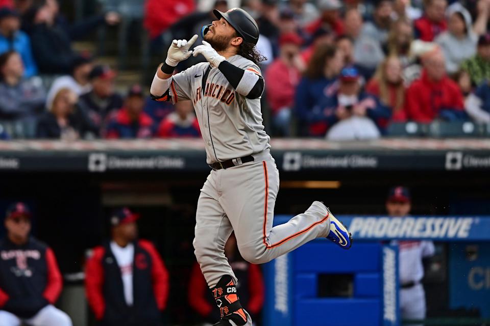 San Francisco Giants&#39; Brandon Crawford celebrates after hitting a solo home run off Cleveland Guardians starting pitcher Zach Plesac in the second inning of a baseball game, Friday, April 15, 2022, in Cleveland. (AP Photo/David Dermer)