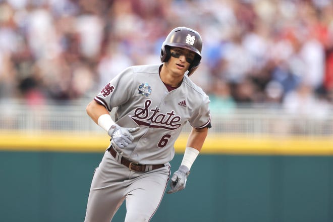 Mississippi State's Kamren James runs the bases after hitting a home run during the first inning against Vanderbilt in Game 1 of the NCAA College World Series baseball finals, Monday, June 28, 2021, in Omaha, Neb. (AP Photo/Rebecca S. Gratz)