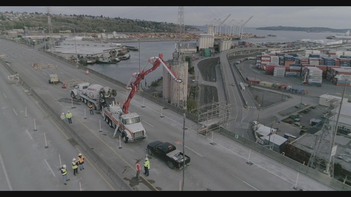 Aerials: SDOT pours specialized structural concrete on West Seattle Bridge