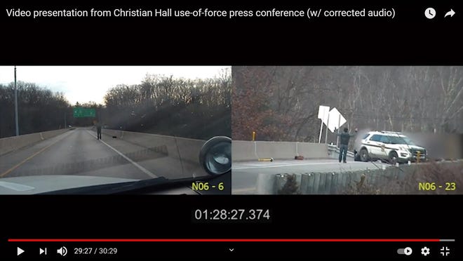 Christian Hall is shown here with his hands up, the last position seen in a video presentation from the Monroe County District Attorney's Office before he was blurred out as he was shot.