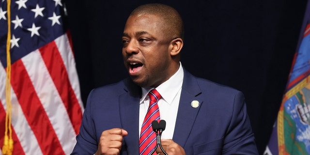 New York  Lt. Gov. Brian Benjamin speaks during the 2022 New York State Democratic Convention at the Sheraton New York Times Square Hotel on Feb. 17, 2022 in New York City.