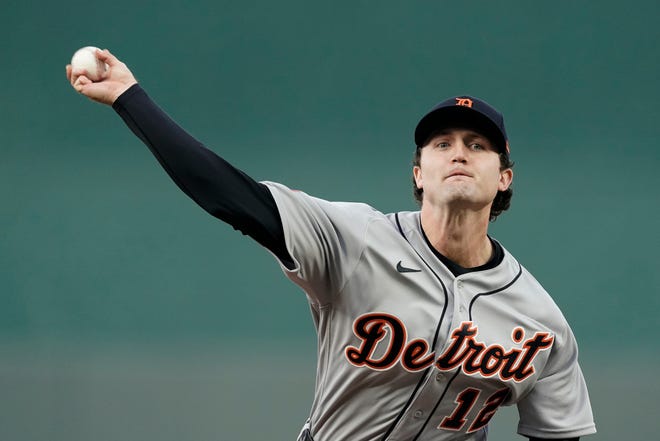 Detroit Tigers starting pitcher Casey Mize throws during the first inning against the Kansas City Royals on Thursday, April 14, 2022, at Kauffman Stadium in Kansas City, Mo.