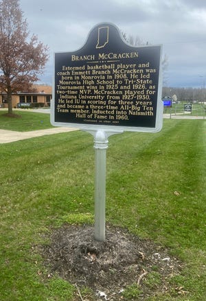 The Branch McCracken historical marker stands in front of the Monrovia Branch of the Morgan County Public Library.