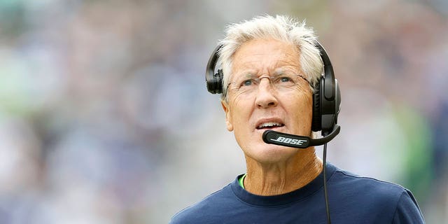 Head coach Pete Carroll of the Seattle Seahawks looks on during the fourth quarter against the Tennessee Titans at Lumen Field on September 19, 2021 in Seattle, Washington.