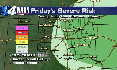 Tracking Oklahoma’s next chance for thunderstorms.  There’s a Marginal Risk for severe weather Friday Night.