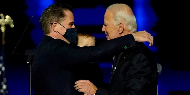 President Joe Biden embraces his son Hunter Biden after addressing the nation from the Chase Center Nov. 7, 2020, in Wilmington, Delaware.