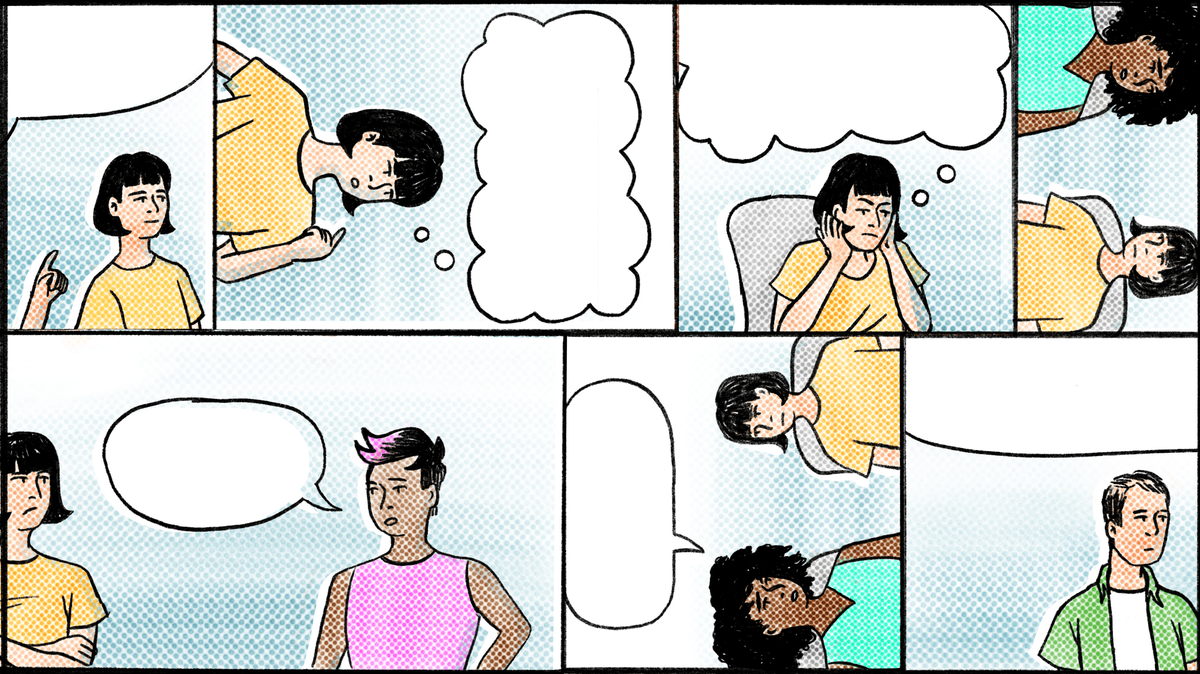 Comic panels of different interactions between people in an office setting