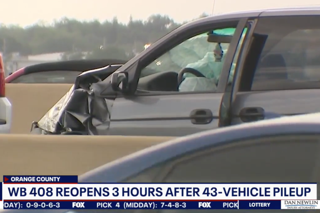 One of the cars involved in the pileup crash is shown — as the airbags can be seen from the damaged vehicle on April 15, 2022.