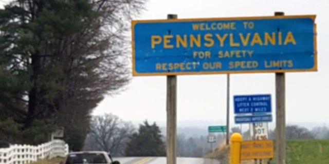 A Pennsylvania welcome sign greets drivers on US-222 entering Peach Bottom, Pa., from Maryland, 2022.