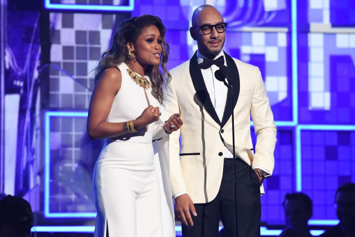 February 10, 2019; Los Angeles, CA, USA; Eve (L) and Swizz Beatz introduce a performance by Travis Scott during the 61st Annual GRAMMY Awards on Feb. 10, 2019 at STAPLES Center in Los Angeles, Calif.