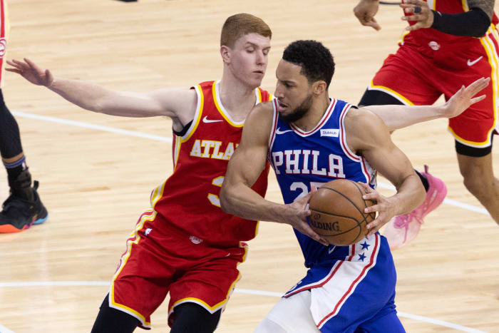 Jun 16, 2021; Philadelphia, Pennsylvania, USA; Philadelphia 76ers guard Ben Simmons (25) drives for a shot against Atlanta Hawks guard Kevin Huerter (3) during the second quarter in game five of the second round of the 2021 NBA Playoffs at Wells Fargo Center.
