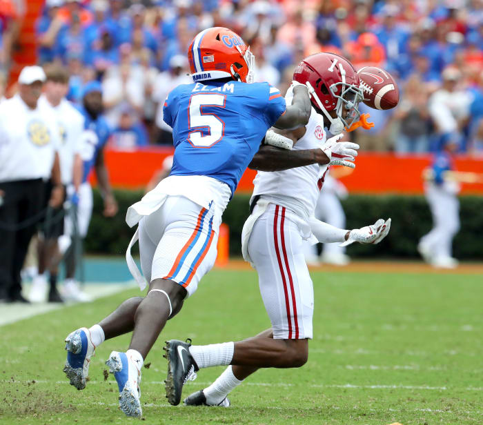 Florida Gators cornerback Kaiir Elam (5) breaks up a pass during the football game between the Florida Gators and The Alabama Crimson Tide, at Ben Hill Griffin Stadium in Gainesville, Fla. Sept. 18, 2021.