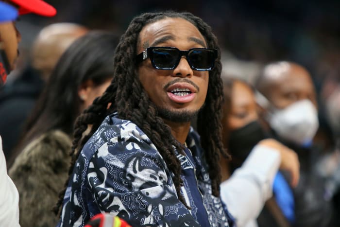 Jan 28, 2022; Atlanta, Georgia, USA; Rapper and entertainer Quavo watches a game between the Atlanta Hawks and Boston Celtics in the second quarter at State Farm Arena.