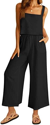 AUTOMET Women 2 Piece Outfits Lounge Matching Sets Linen Crop Top Wide Leg Pants Tracksuits with Pockets 2023 Fashion Clothes