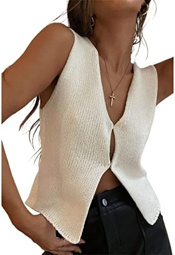 Meihuida Women Crochet Vest Top Y2k Knit V Neck Sleeveless Button Down Streetwear