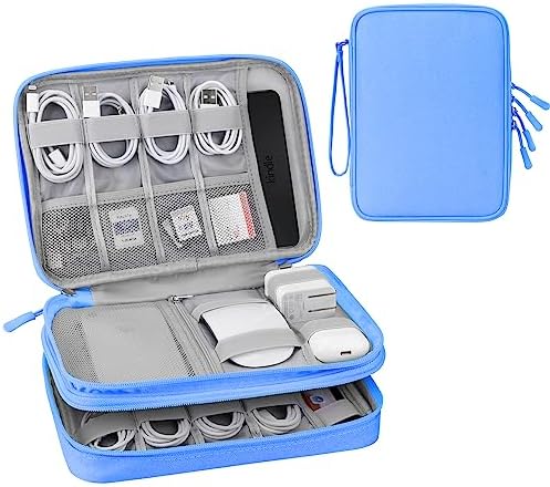 DDgro Electronics Organizer for Woman Travel Storage iPad Mini Kindle Charger Mouse Earphones Passport Case Cables Cords Hard Drive Tech Accessories Pouch Bag (Azure Blue, 2 Layers-L)