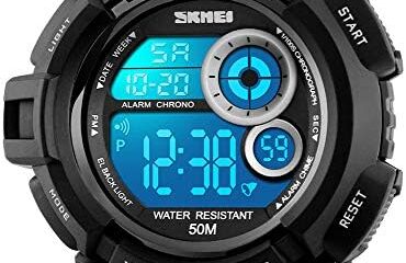 FANMIS Mens Military Multifunction Digital Watches 50M Water Resistant Electronic 7 Color LED Backlight Black Sports Watch