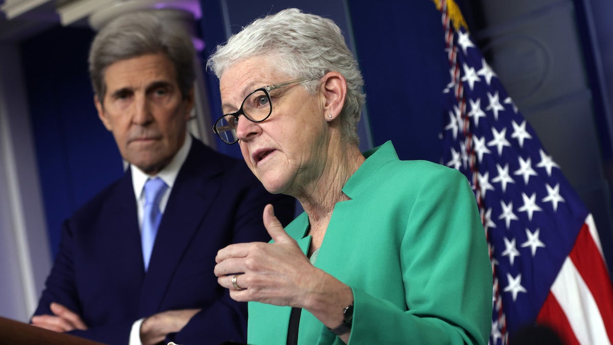 WASHINGTON, DC - APRIL 22: National Climate Adviser Gina McCarthy speaks as Special Presidential Envoy for Climate and former Secretary of State John Kerry listens during a daily press briefing at the James Brady Press Briefing Room of the White House on April 22, 2021 in Washington, DC. White House Press Secretary Jen Psaki held the daily press briefing to discuss various topics including the virtual Leaders Summit on Climate with 40 world leaders that was held by the White House today. (Photo by Alex Wong/Getty Images)