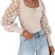 miduo Womens Tops Square Neck Polka Dot Balloon Long Sleeve Top Shirts Slim Knit Ribbed Tops Blouses