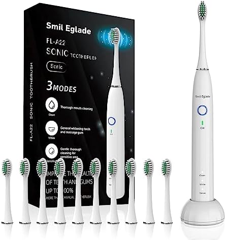 Smil Eglade Sonic Electronic Toothbrush for Adults – 10 Brush Heads Sonicare Power Toothbrush,2 Minute Smart Timer Wireless Recyclable Toothbrush 4 Hours Last 40 Days（White）