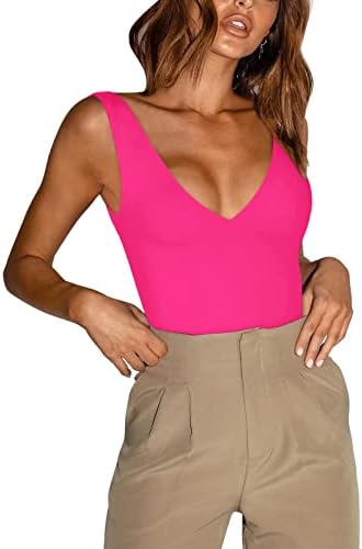 REORIA Women’s Sexy Plunge Deep V Neck Sleeveless V Backless Going Out Tank Bodysuits Tops