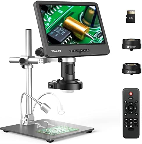 TOMLOV DM602 Pro 10.1″ HDMI Digital Microscope 2000x, Pro Boom Arm Stand, LCD Soldering Microscope with 3 Lens, Adults Microscope for Electronics Repair, Coin Microscope Ring Light,PC Compatible, 64G