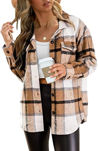 AUTOMET Womens Casual Plaid Shacket Button Down Long Sleeve Shirt