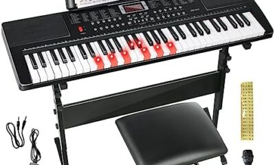 Keyboard Piano 61 Key Electric Piano Keyboard for Beginners/Professional, Portable Light Up Music Keyboard Built-in Dual Speakers with LED Display, Music Stand, Stand, Microphone, Bench