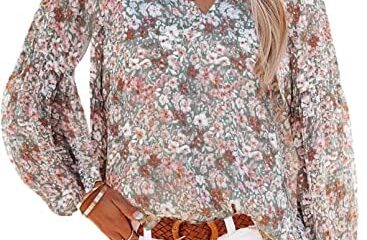 SHEWIN Women’s Casual Boho Floral Print V Neck Long Sleeve Loose Blouses Shirts Tops