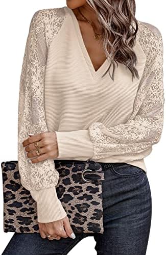 Trendy Queen Womens V Neck Puff Lace Long Sleeve Crochet Hollow Out Long Sleeve Shirts Sexy Casual Tunic Tops Loose Blouses