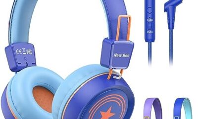 New bee Kids Headphones for School with Microphone KH20 HD Stereo Safe Volume Limited 85dB/94dB Foldable Lightweight On-Ear Headphone for PC/Mac/Android/Kindle/Tablet/Pad(Royal Blue)