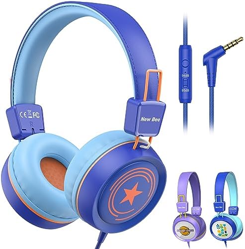 New bee Kids Headphones for School with Microphone KH20 HD Stereo Safe Volume Limited 85dB/94dB Foldable Lightweight On-Ear Headphone for PC/Mac/Android/Kindle/Tablet/Pad(Royal Blue)