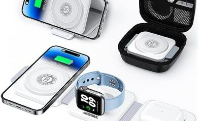 𝐇𝐄𝐑𝐑𝐁𝐎𝐋 3 in 1 Wireless Charger, Dual Magnetic Wireless Charger for iPhone 14/13/12 Series and Apple Watch, Pocket Travel Charger for iPhone Watch and Airpods 3/2/Pro (with Storage Case)