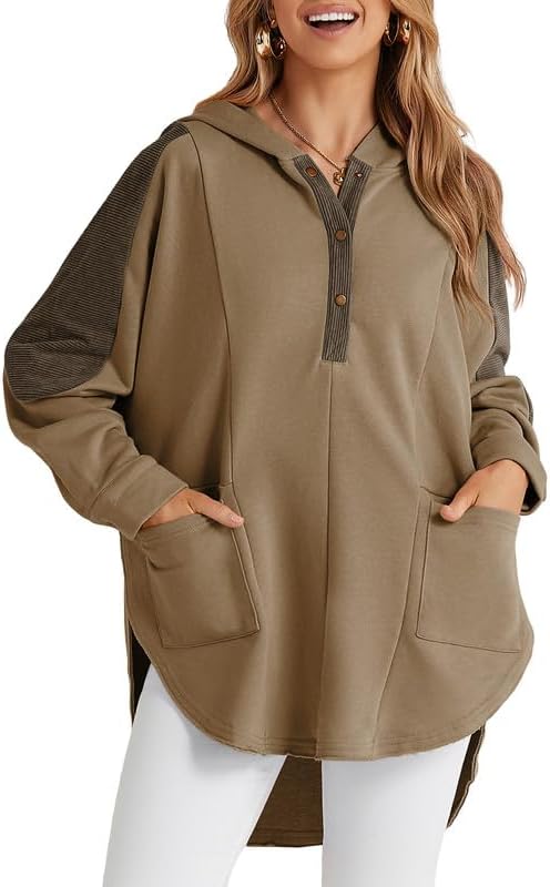 SHEWIN Womens Oversized Hoodie Casual Long Sleeve Button V Neck Hooded Sweatshirt Loose Pullover Tops