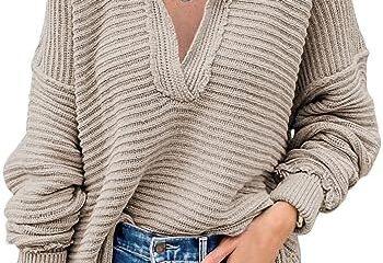 LILLUSORY Women’s V Neck Oversized Sweaters Long Batwing Sleeve Collared Asymmetrical Hem Knit Pullover Sweater Tops