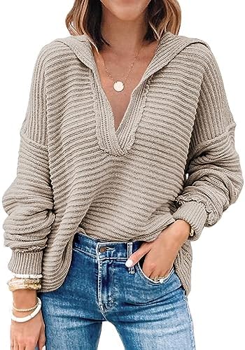 LILLUSORY Women’s V Neck Oversized Sweaters Long Batwing Sleeve Collared Asymmetrical Hem Knit Pullover Sweater Tops