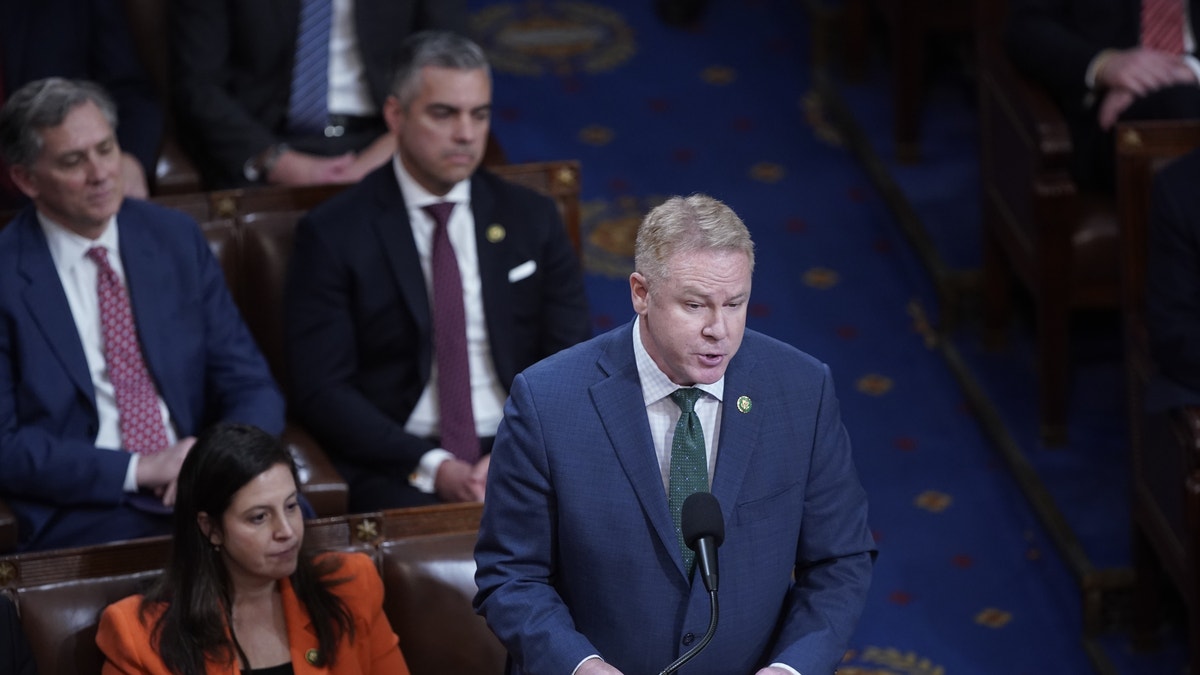 Representative Warren Davidson, a Republican from Ohio, nominates Representative Kevin McCarthy, a Republican from California, during a meeting of the 118th Congress in the House Chamber at the US Capitol in Washington, DC, US, on Wednesday, Jan. 4, 2023. McCarthy and his lieutenants abandoned plans to seek to adjourn the House immediately after convening at noon, moving instead to a fourth vote for the next speaker. Photographer: Al Drago/Bloomberg via Getty Images