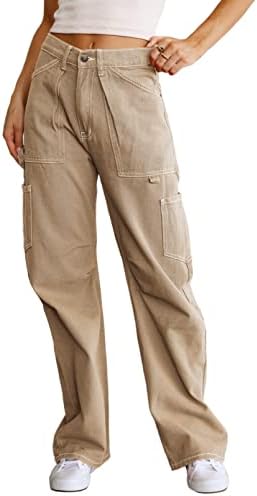 Dokotoo Women 6 Pockets High Waisted Cargo Pants Wide Leg Casual Pants Combat Military Trouser US 4-18