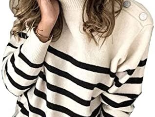 KIRUNDO Women’s 2023 Fall Winter Long Sleeve Knit Sweater Turtleneck Striped Loose Pullover Tops Deco with Metal Buttons