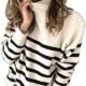 KIRUNDO Women’s 2023 Fall Winter Long Sleeve Knit Sweater Turtleneck Striped Loose Pullover Tops Deco with Metal Buttons